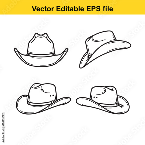  vector illustrations of various cowboy hats in line art style isolated on white background