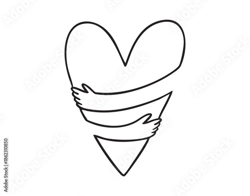 Minimal heart wrapped hugs arms, self care hand drawn single line emblem conveying self care and comfort, monochrome outline ideal for mental health posts, calm supportive mood, scalable vector