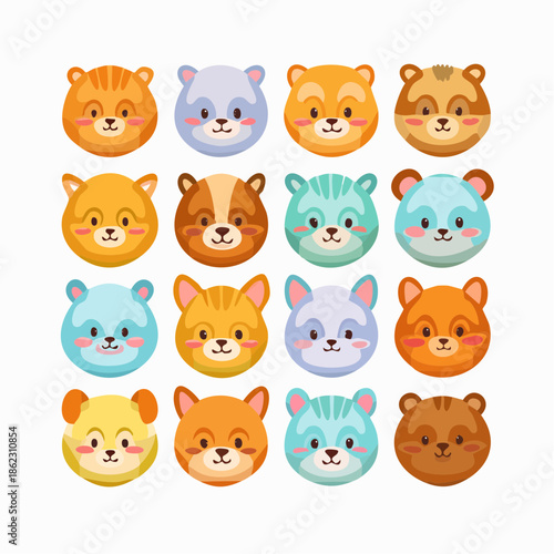 Collection of cute cartoon animal faces in a grid, featuring bears, cats, and other small mammals with different colors and expressions.