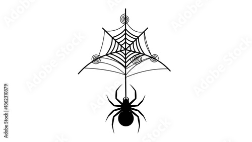 A black spider hanging upside down from its intricate spiderweb against a plain white background.