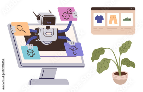 AI robot multitasking from computer screen, holding icons for search, world network, ideas, and gear settings. Next to online shopping interface and houseplant. Ideal for technology, automation