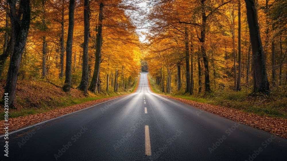 Fototapeta premium road leading to a beautiful autumn forest generative ai