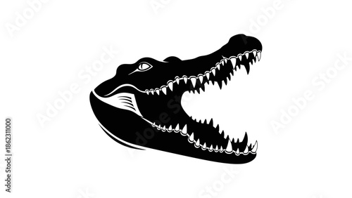 Black and white illustration of an alligator head with its mouth wide open, showing sharp teeth.
