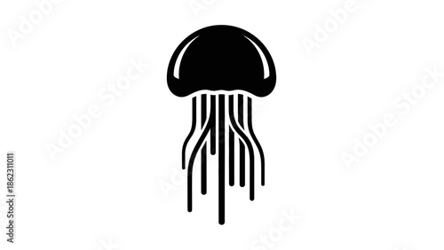 Black silhouette of a jellyfish with flowing tentacles on a white background, a simple and iconic marine life illustration.
