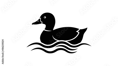 Black silhouette of a duck swimming on water, depicted with simple wavy lines, suitable for icons or logos.