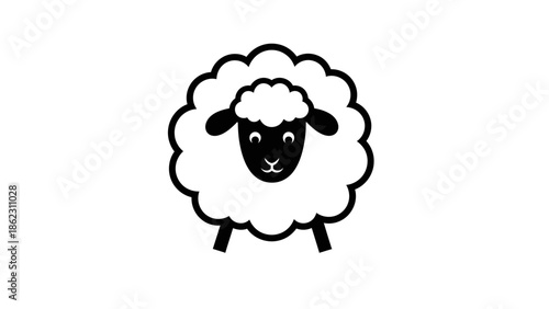 Stylized black and white cartoon sheep icon with a fluffy body and small head, standing on two legs, representing a farm animal.