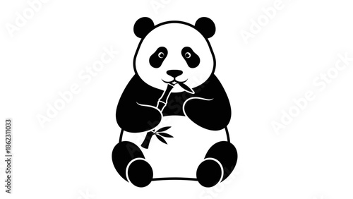 Black and white cartoon panda sitting and eating bamboo.