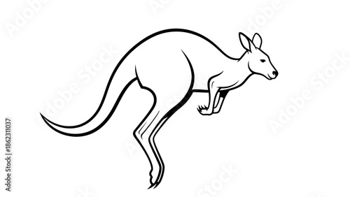 Black and white line art drawing of a kangaroo in mid-jump, showcasing its powerful legs and tail.