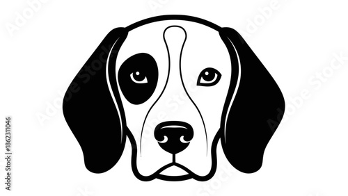 Black and white illustration of a dog's head with a distinctive eye patch and a line on its forehead.