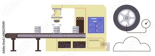 Industrial conveyor system with robotic inspection machine and cloud-connected wheel monitoring interface. Ideal for industry, automation, robotics, data, technology, manufacturing, innovation