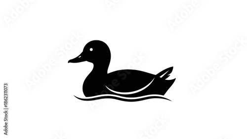 Simple black silhouette of a duck swimming on water, a graphic icon.