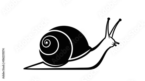 Black and white graphic illustration of a snail with a spiral shell and antennae.