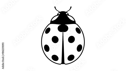 A black and white graphic illustration of a ladybug with distinct spots and antennae, viewed from above.