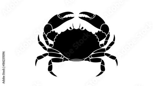 A black silhouette of a crab with prominent claws and legs, isolated on a white background.