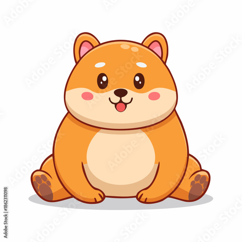 Cute cartoon chubby orange hamster sitting and smiling with rosy cheeks on a white background.