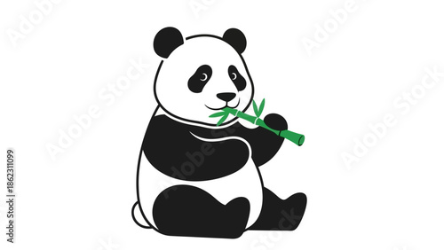 Cute cartoon giant panda sitting and happily eating a green bamboo stalk on a white background.