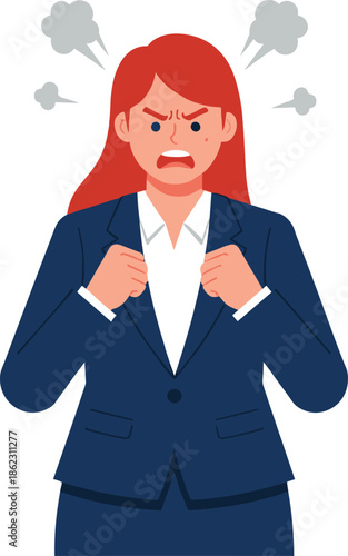 Angry businesswoman illustration expressing workplace stress, frustration, emotional pressure, leadership challenges, conflict management, and professional burnout concept in corporate environment