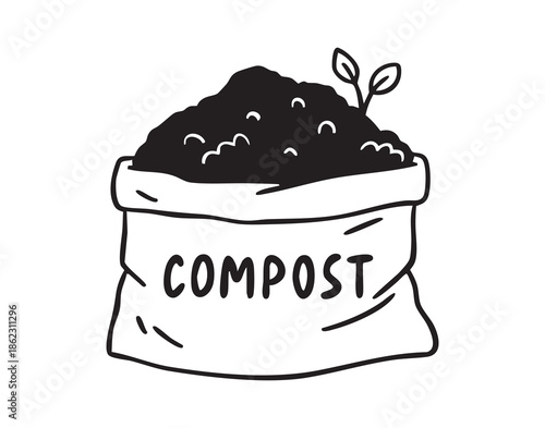 Compact compost bag brimming rich soil, friendly hand drawn style evokes community workshop scene, urban gardener project, seedling emergence and soil texture promoting local compost programs