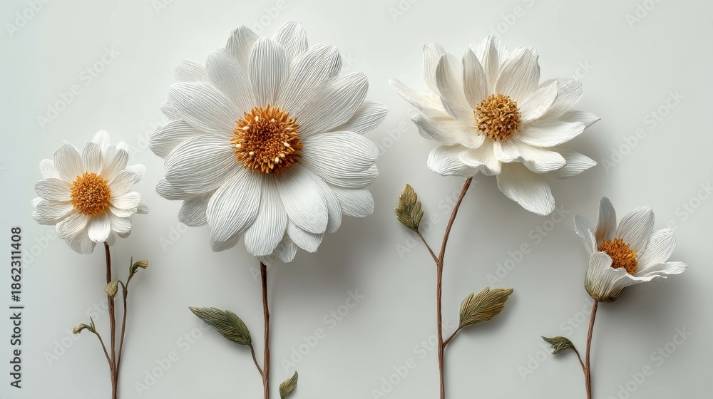 Obraz premium Four white flowers are displayed on a light background. The flowers vary in size and shape featuring golden centers and green leaves that add to the natural look.
