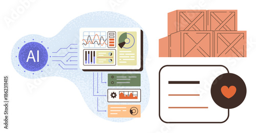 AI chip connected to analytics dashboard, wooden crates for supply chain, and interface with heart icon. Ideal for automation, logistics, technology, monitoring, e-commerce, data and organization