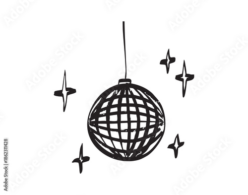 hand drawn disco ball sketch suspended, bold ink strokes and dry brush grit, surrounded by sparkling stars and light reflections, energetic club mood suited for poster, flyer, branding