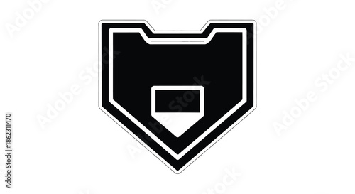 A striking black and white emblem featuring a shield shape with a smaller rectangular inset