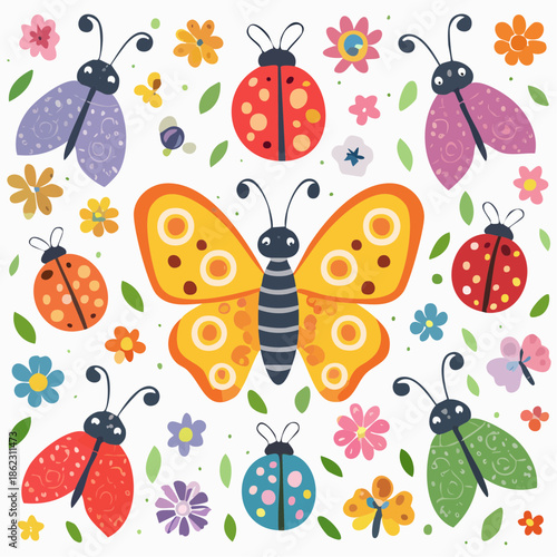 Colorful cartoon illustration of various butterflies and ladybugs surrounded by an assortment of flowers and leaves on a white background.
