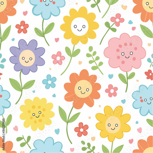 Cute seamless pattern with colorful cartoon flowers and happy faces on a white background, adorned with small hearts.