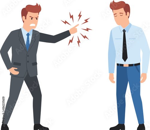 Angry manager scolding sad employee illustration depicting workplace conflict, stress, toxic leadership, professional tension, office discipline, and negative work environment