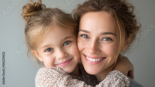 A mother and daughter embrace each other with smiles in a bright room. They appear happy and connected as they enjoy their time together. The daughter holds onto her mother lovingly.