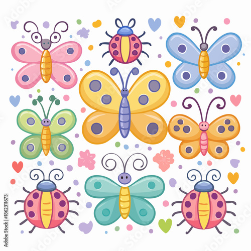 A vibrant collection of cartoon butterflies and ladybugs in various pastel colors with scattered hearts and dots on a white background.