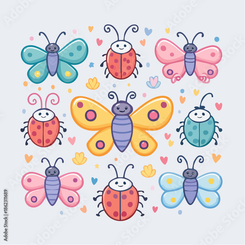A collection of cute cartoon butterflies and ladybugs in bright colors with small hearts.