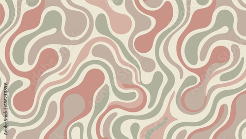 Abstract organic pattern, flowing curved shapes, muted red green beige taupe tones, blue outline accent, flat vector illustration