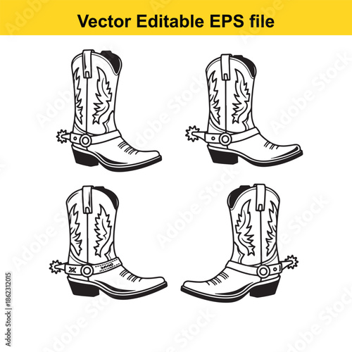  vector illustrations of four cowboy boots with decorative stitching and spurs isolated on white background