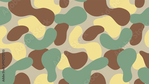 Military camouflage pattern with irregular shapes, green brown beige tones, forest concealment texture, tactical design, flat vector illustration