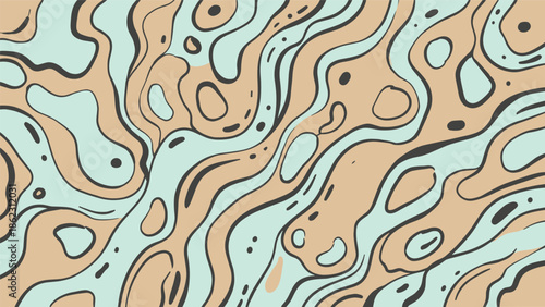 Topographic map illustration, contour lines, elevation shading, tan blue zones, labeled creek feature, terrain analysis design, flat vector artwork