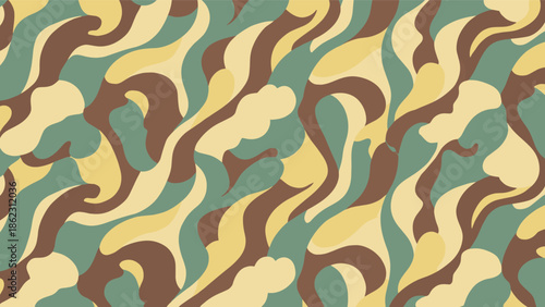 Abstract camouflage pattern, wavy organic shapes, green brown beige yellow tones, natural terrain texture, outdoor design, flat vector illustration