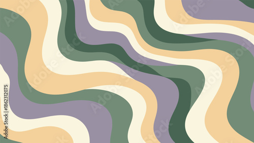 Abstract flowing pattern, wavy organic lines, green beige cream muted purple tones, terrain-inspired texture, nature art, flat vector illustration