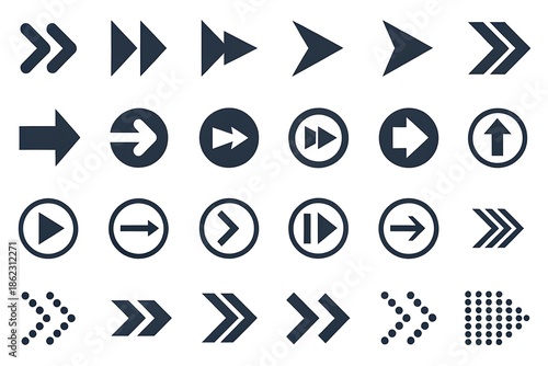 Free Download Set of black flat arrow icons and vector web buttons for play and direction sign symbols isolated on a white background for internet design element illustration - GFXLoad