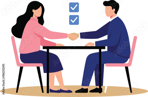 Business agreement illustration showing man and woman shaking hands with approval checkmarks symbolizing trust successful negotiation partnership confirmation concept