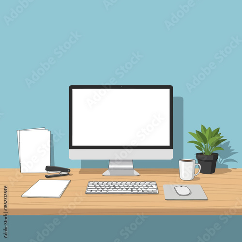 Computer setup with keyboard mouse papers coffee and plant.