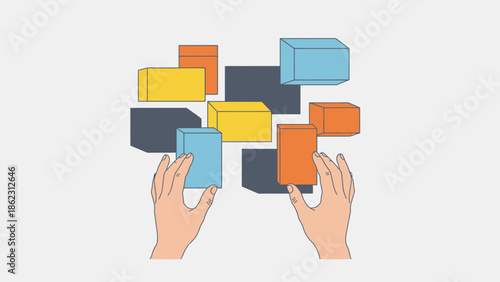 Hands arranging colorful blocks, creating a structure.
