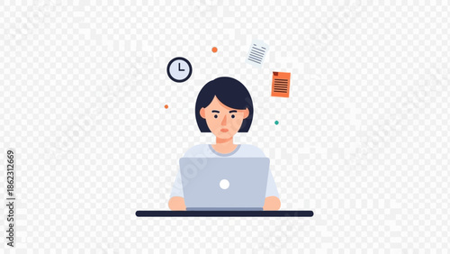 Woman working on laptop with papers and clock floating around.