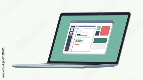 Laptop displaying a website interface with code and content blocks.