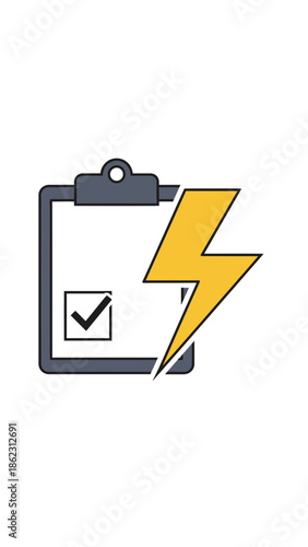 Clipboard with checkmark and yellow lightning bolt icon.