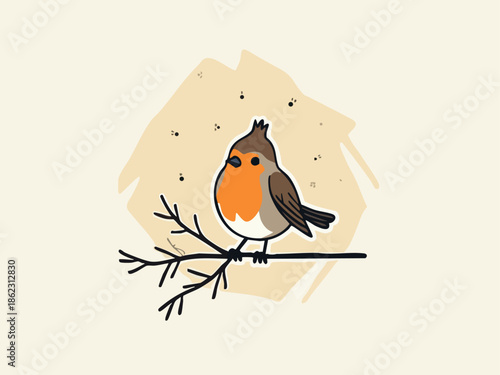 Simple vector line drawing of a winter robin with a smirk on an abstract geometric background