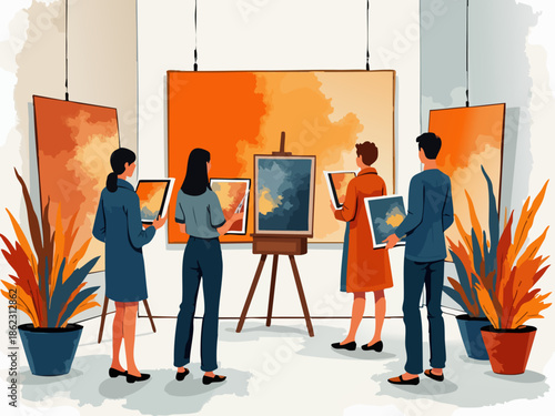 Artists and Patrons at Mid-Century Modern Art Gallery Opening with Complementary Colors