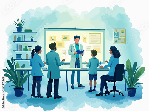 Tech Innovators Brainstorming in Science Lab with Abstract Background