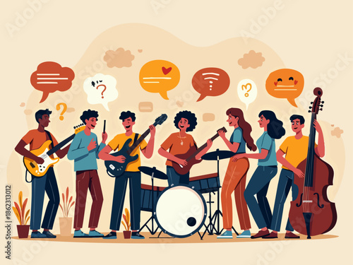 Cute Doodle Band of Artists Playing Music with Speech and Thought Bubbles, Vector Style