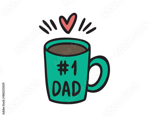 Green mug Dad number 1 with heart, hand drawn doodle